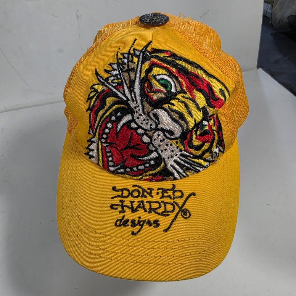 Ed Hardy Tiger Embroidered Trucker Hat Yellow Christian Audigier Snapback Cap